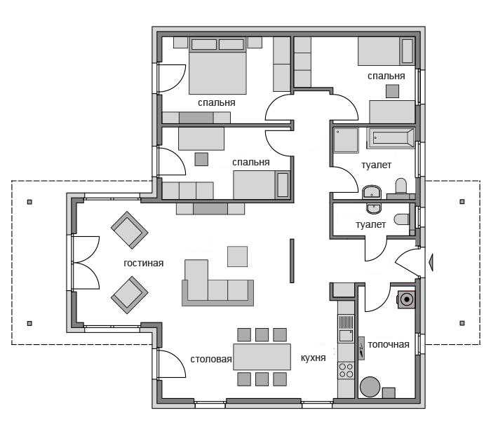 Проекты и планировка одноэтажных домов с тремя спальнями