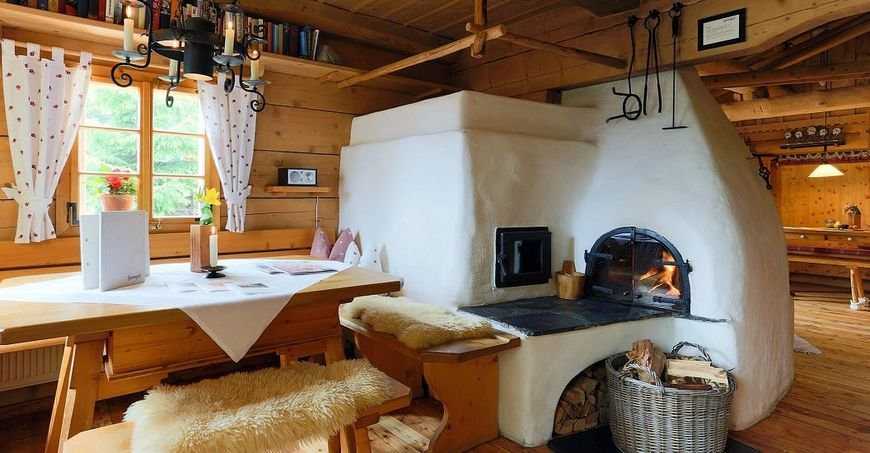 Дизайн интерьера кухни с печкой в частном, маленьком, деревенском доме