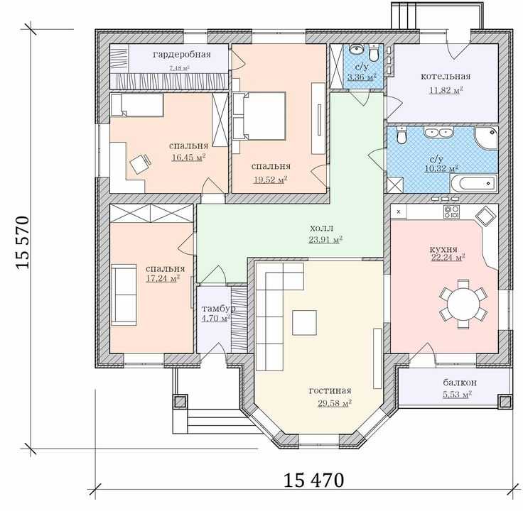 Удобная и простая планировка 1 этажного дома с мансардой