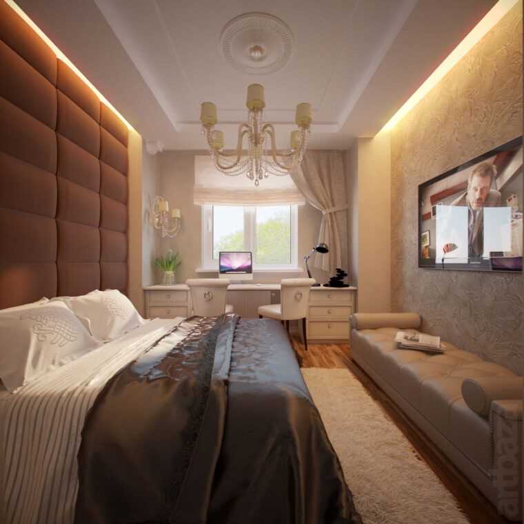 Особенности дизайна прямоугольной спальни 16 кв. м.