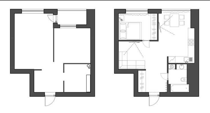 Пример перепланировки однокомнатной квартиры в двухкомнатную 40 кв м