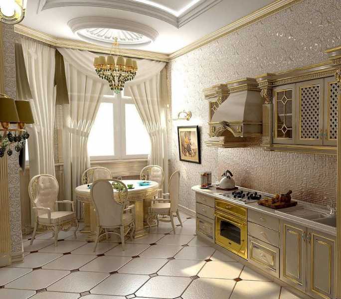 Дизайн интерьера кухни-гостиной в классическом стиле