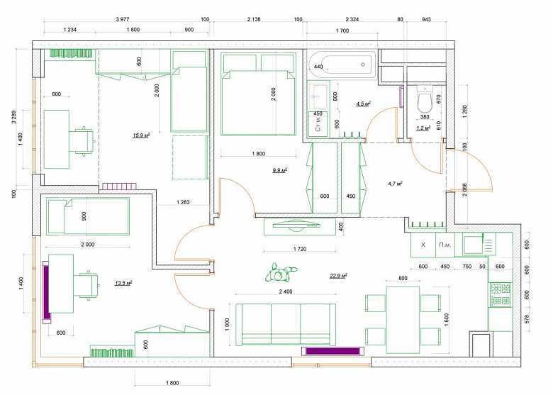 Планировка 4-х комнатной квартиры: проект четырехкомнатной квартиры в панельном доме и кирпичной новостройке, варианты дизайна 4-х комнат улучшенной планировки