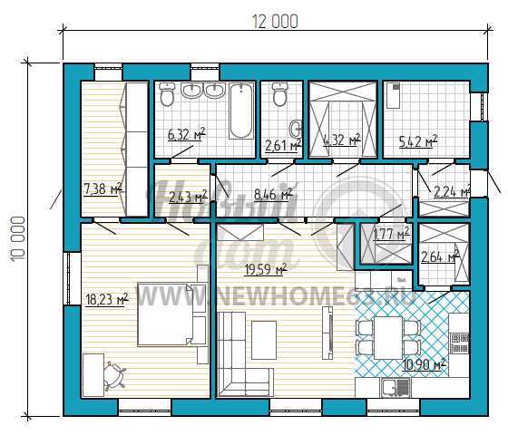 Планировка одноэтажного дома 12 на 12 с тремя спальнями: различные варианты проектов