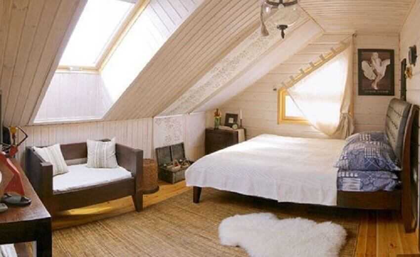 Спальня на мансарде: зонирование и планировка, цвет, стили, отделка, мебель и шторы