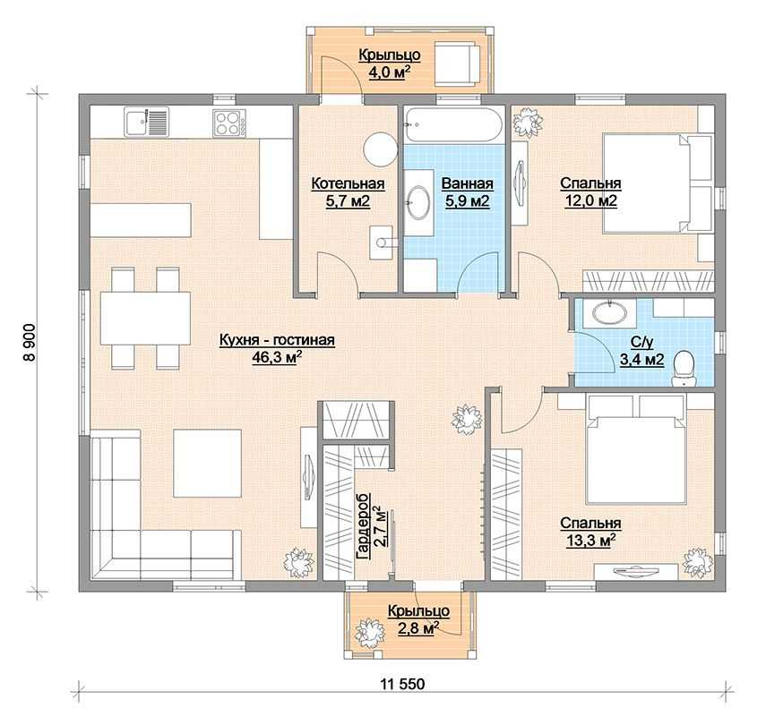 Проекты и планировка одноэтажных домов с тремя спальнями