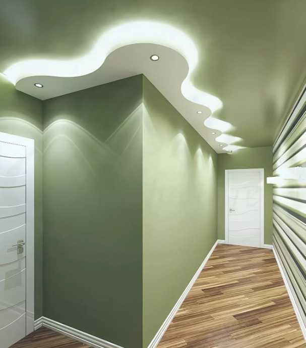 Натяжной потолок в коридоре и прихожей: виды конструкций, фактуры, форм, освещение, цвет, дизайн