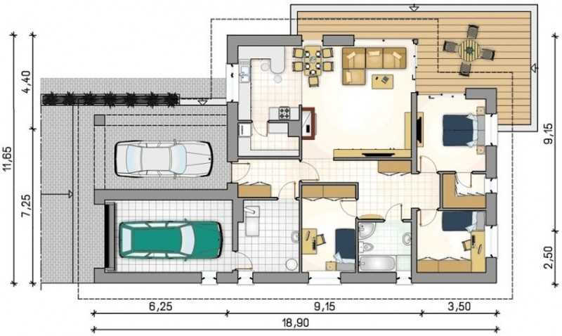 Дом с террасой: проекты одноэтажных дач с гаражом, план двухэтажного частного дома с тремя спальнями и балконом, кухня с выходом на террасу