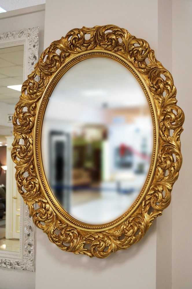 Зеркало в раме: настенное круглое или овальное резное, модель в багетной белой и черной раме из полиуретана и кожи