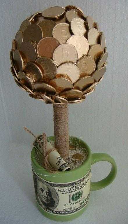 Поделка денежное дерево из монет и купюр легко